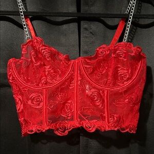 Red Lace Bustier Top with Chain Straps